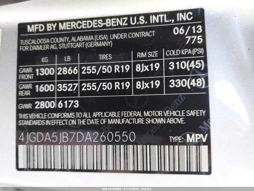 2013 Mercedes-Benz Ml 350 VIN: 4JGDA5JB7DA260550 Lot: 44134594