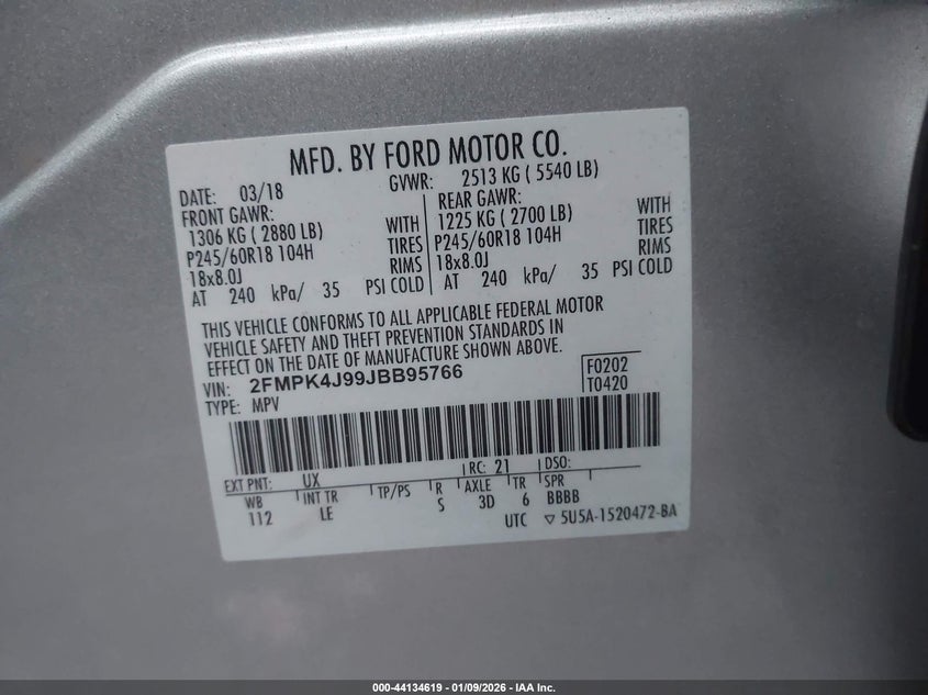 VIN 2FMPK4J99JBB95766 2018 FORD EDGE SEL
