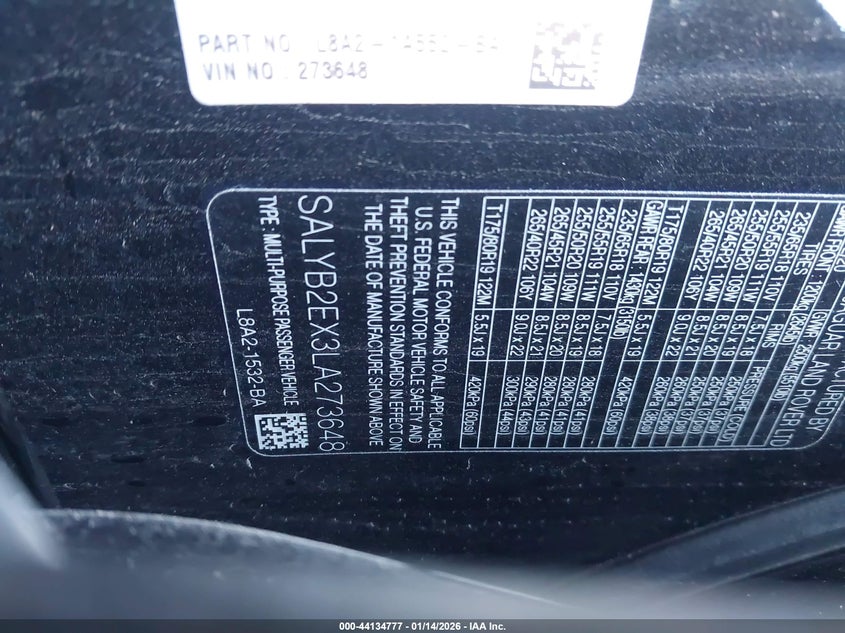 2020 Land Rover Range Rover Velar P250 S VIN: SALYB2EX3LA273648 Lot: 44134777