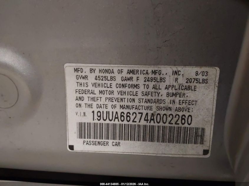 2004 Acura Tl VIN: 19UUA66274A002260 Lot: 44134885