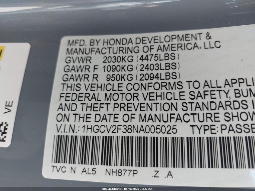 VIN 1HGCV2F38NA005025 2022 HONDA ACCORD SPORT 2.0T