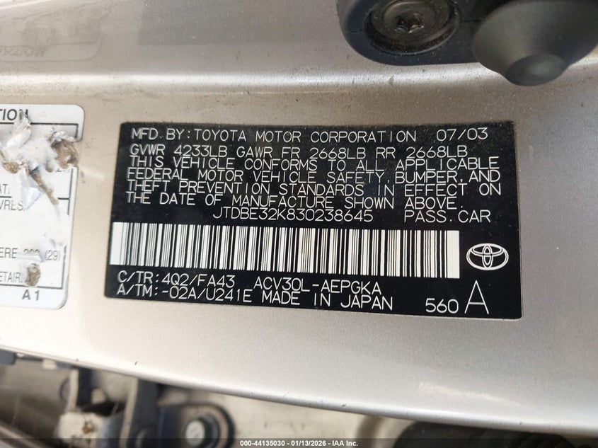 2003 Toyota Camry Xle VIN: JTDBE32K830238645 Lot: 44135030