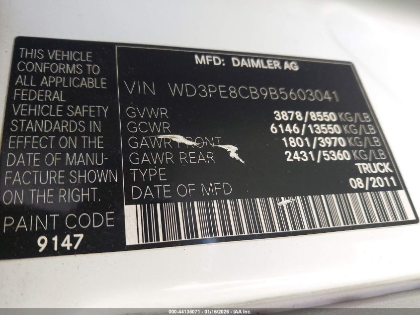 2011 Mercedes-Benz Sprinter 2500 High Roof VIN: WD3PE8CB9B5603041 Lot: 44135071