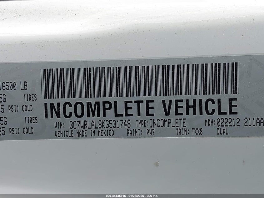 2019 Ram 4500 Chassis Tradesman/Slt VIN: 3C7WRLAL8KG531748 Lot: 44135316