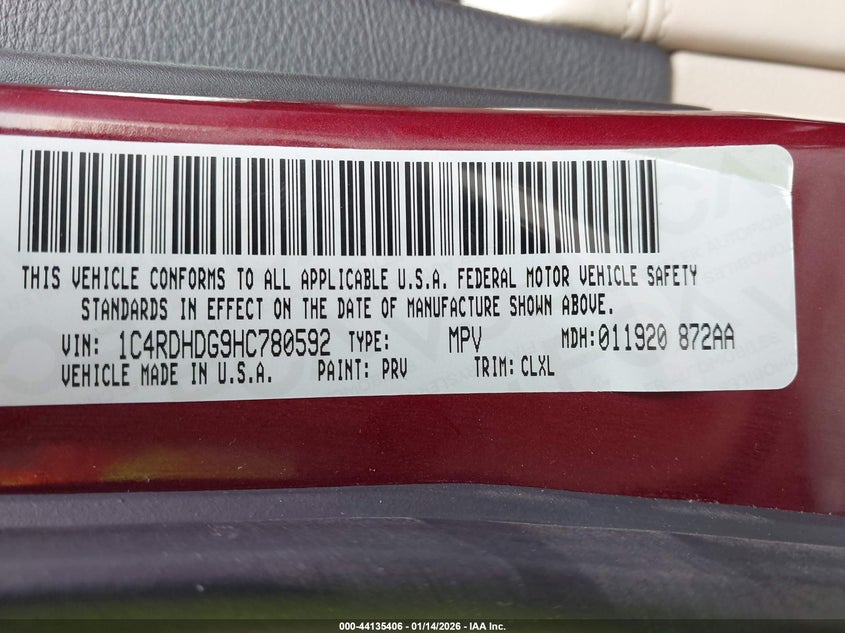 2017 Dodge Durango Gt Rwd VIN: 1C4RDHDG9HC780592 Lot: 44135406