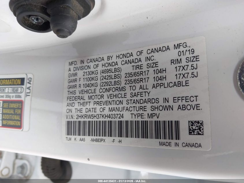 2019 Honda Cr-V Lx VIN: 2HKRW5H37KH403724 Lot: 44135431