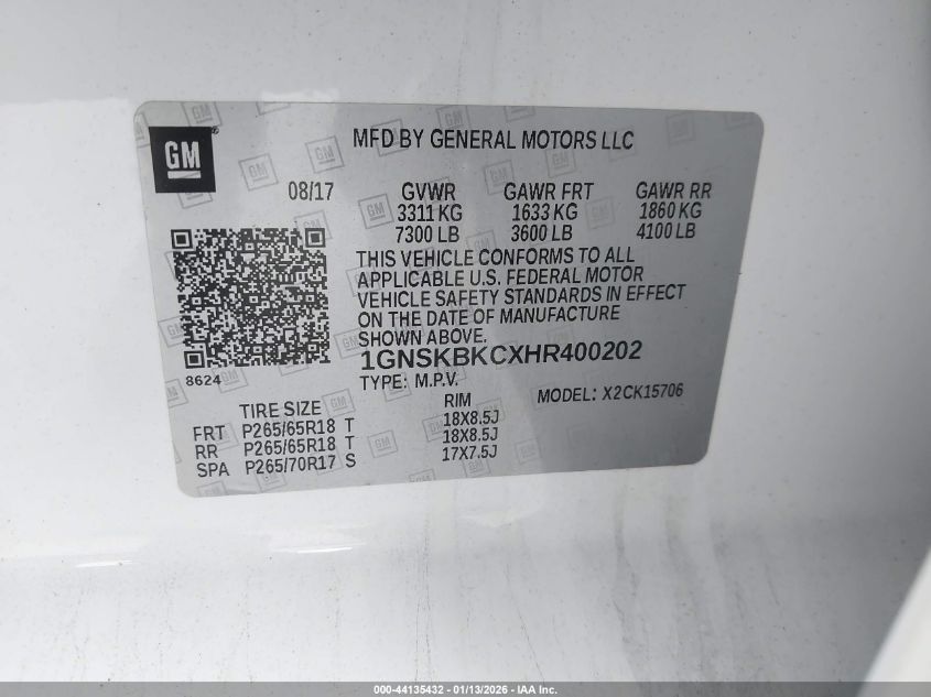 2017 Chevrolet Tahoe Lt VIN: 1GNSKBKCXHR400202 Lot: 44135432