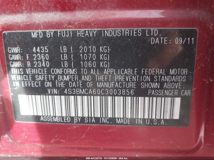 2012 Subaru LEGACY 2.5 2.5I red Lot 111044135733 Vin 4S3BMCA60C3003856