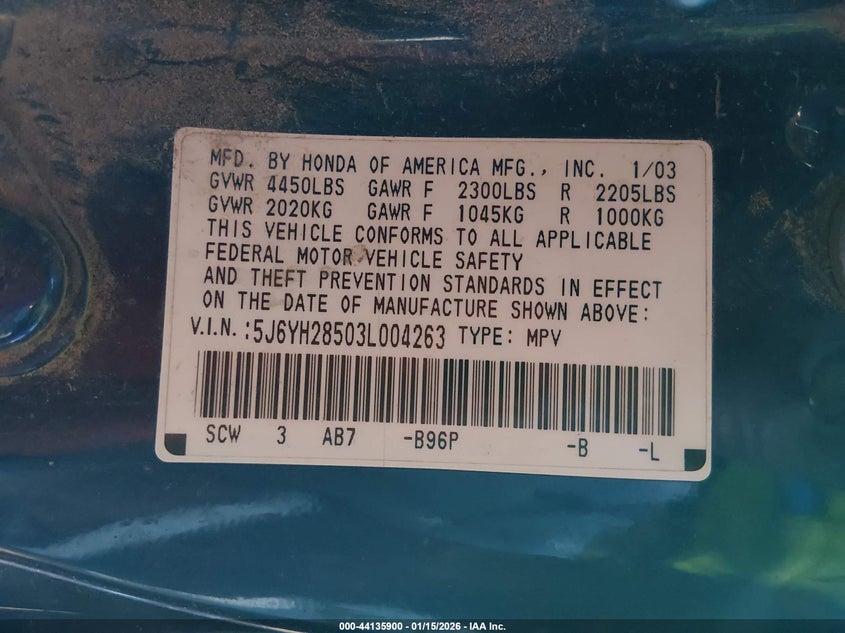 2003 Honda Element Ex VIN: 5J6YH28503L004263 Lot: 44135900