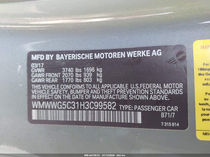 2017 Mini Convertible Cooper VIN: WMWWG5C31H3C99582 Lot: 44136131