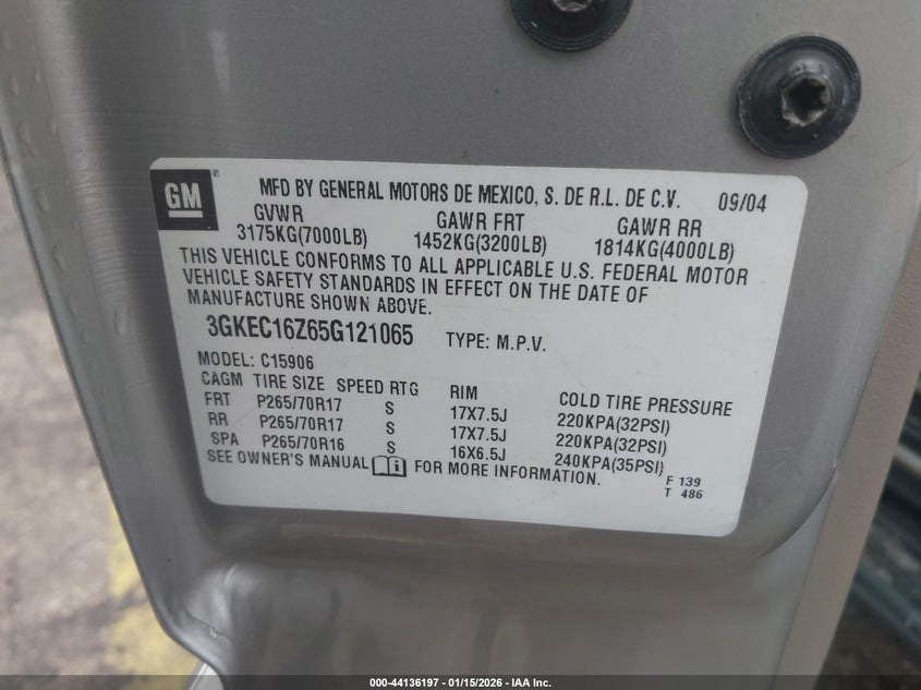 2005 GMC Yukon Xl 1500 Slt VIN: 3GKEC16Z65G121065 Lot: 44136197