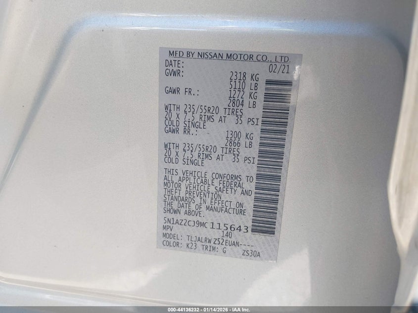 VIN 5N1AZ2CJ9MC115643 2021 NISSAN MURANO SL FWD