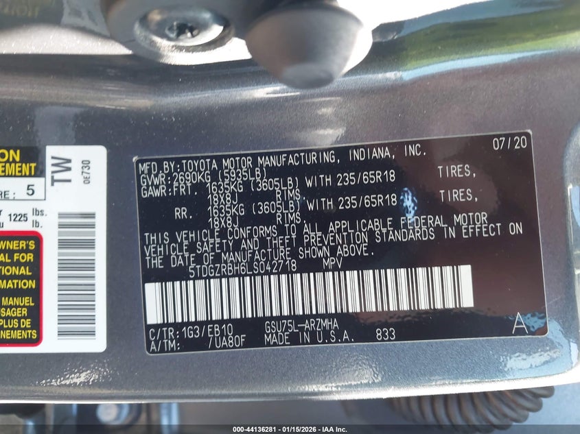 VIN 5TDGZRBH6LS042718 2020 TOYOTA HIGHLANDER XLE