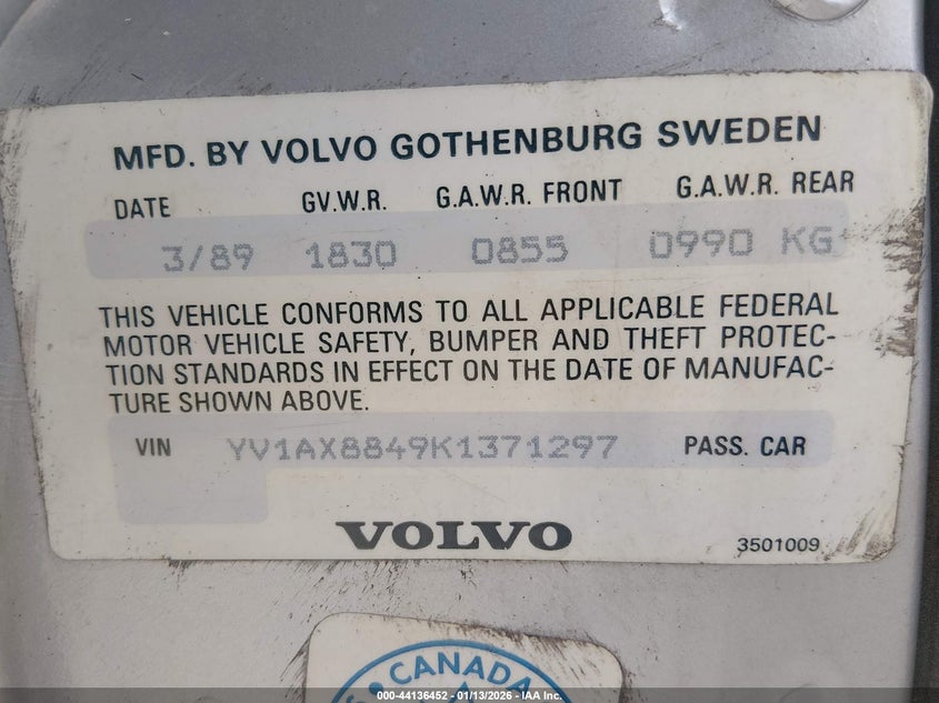 1989 Volvo 244 Dl/Gl VIN: YV1AX8849K1371297 Lot: 44136452