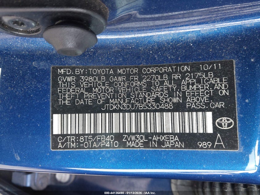 2011 Toyota Prius Two VIN: JTDKN3DU7B5330488 Lot: 44136498