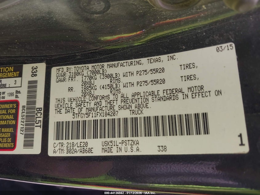 2015 Toyota Tundra Platinum 5.7L V8 VIN: 5TFGY5F11FX184207 Lot: 44136562