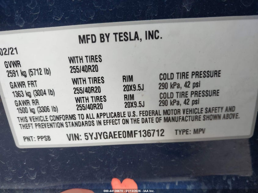 2021 Tesla Model Y Long Range Dual Motor All-Wheel Drive VIN: 5YJYGAEE0MF136712 Lot: 44136670