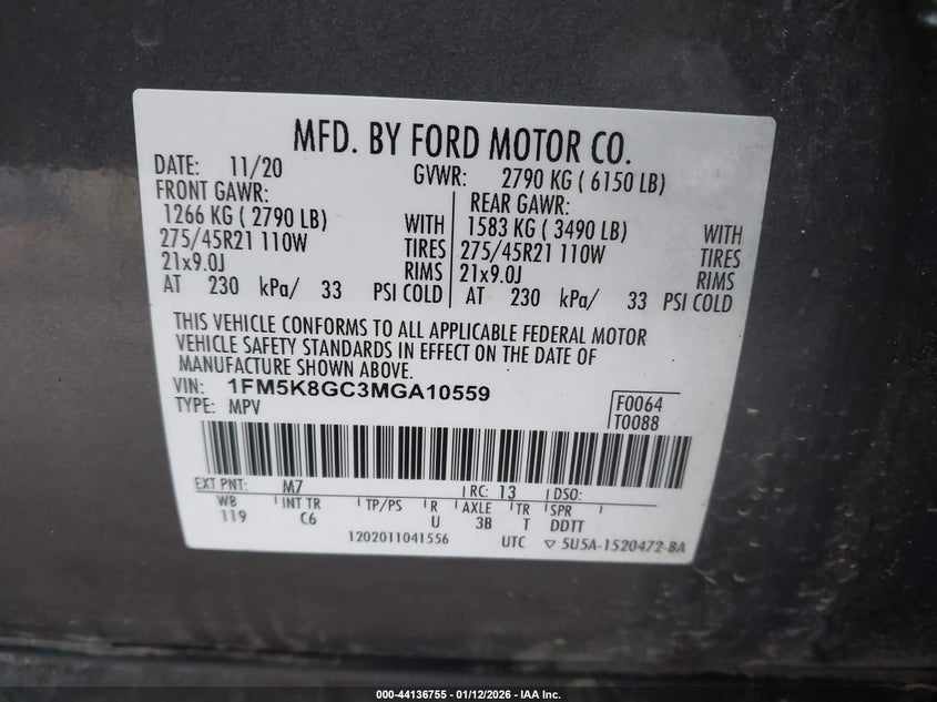 2021 Ford Explorer St VIN: 1FM5K8GC3MGA10559 Lot: 44136755