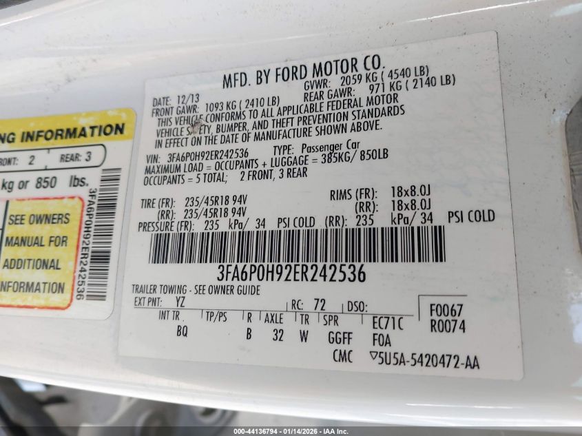 2014 Ford Fusion Se VIN: 3FA6P0H92ER242536 Lot: 44136794