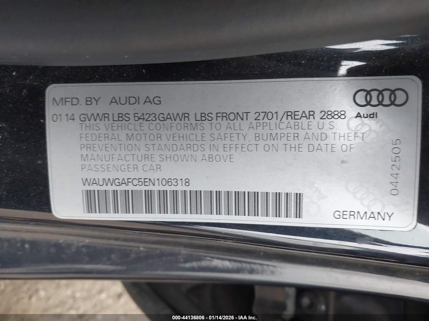 2014 Audi A7 3.0T Premium Plus VIN: WAUWGAFC5EN106318 Lot: 44136806