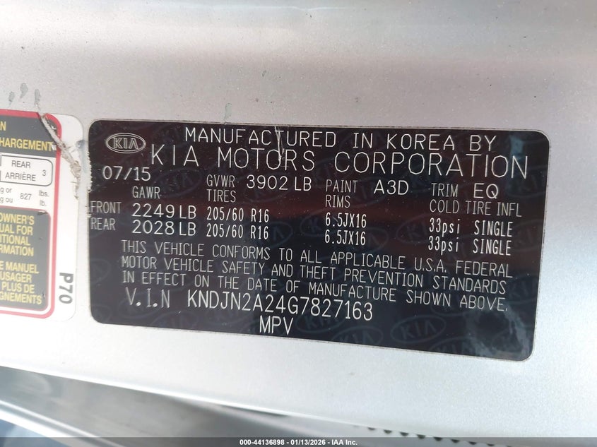 2016 Kia Soul VIN: KNDJN2A24G7827163 Lot: 44136898