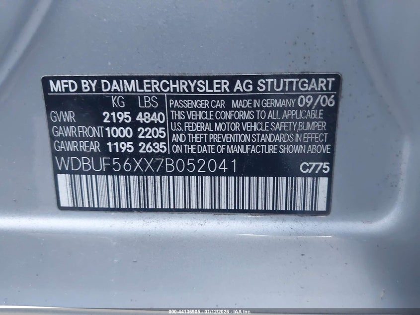 2007 Mercedes-Benz E 350 VIN: WDBUF56XX7B052041 Lot: 44136905