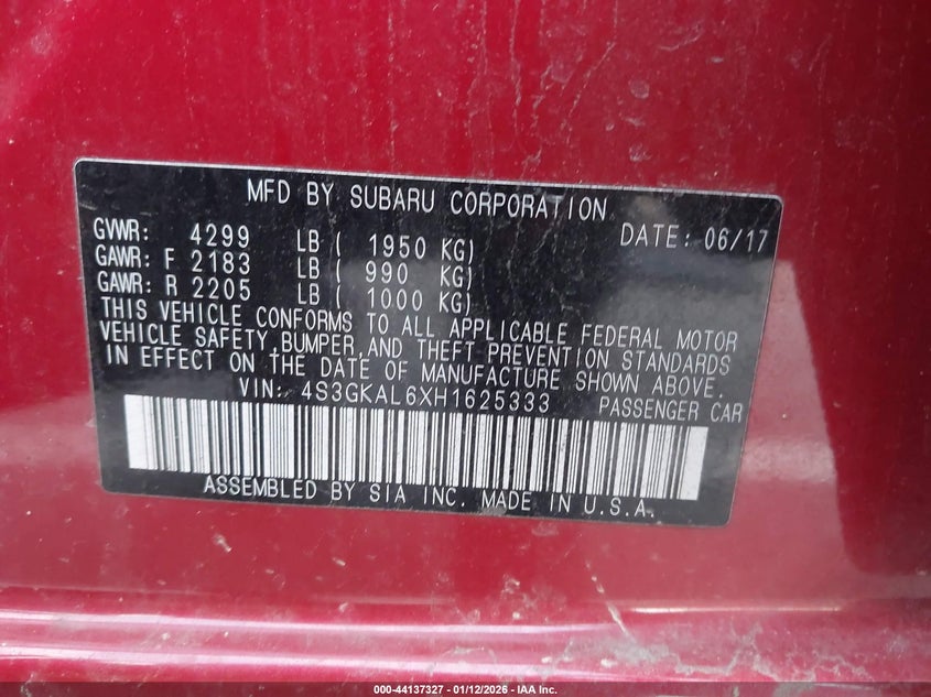 2017 Subaru Impreza 2.0I Sport VIN: 4S3GKAL6XH1625333 Lot: 44137327