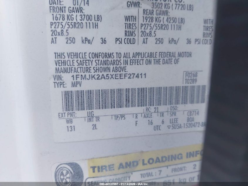 2014 Ford Expedition El Limited VIN: 1FMJK2A5XEEF27411 Lot: 44137597