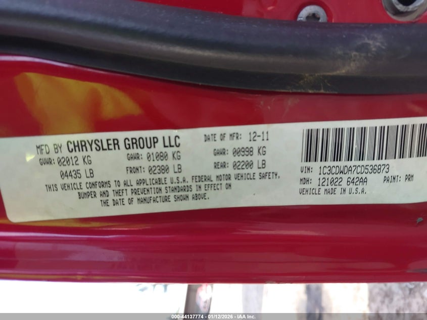 2012 Dodge Caliber Sxt VIN: 1C3CDWDA7CD536873 Lot: 44137774