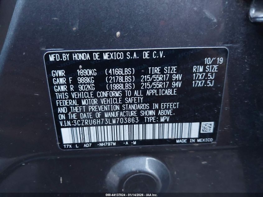 2020 Honda Hr-V Awd Ex-L VIN: 3CZRU6H73LM703863 Lot: 44137824