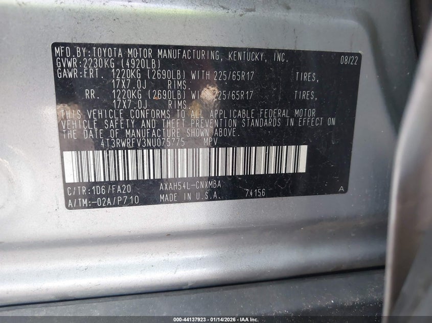 VIN 4T3RWRFV3NU075775 2022 TOYOTA RAV4 HYBRID XLE