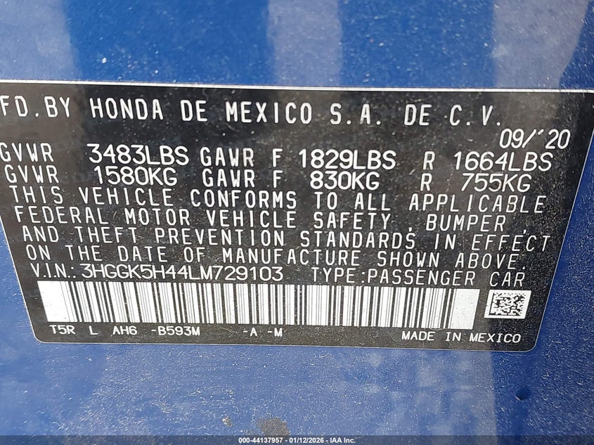 VIN 3HGGK5H44LM729103 2020 HONDA FIT LX