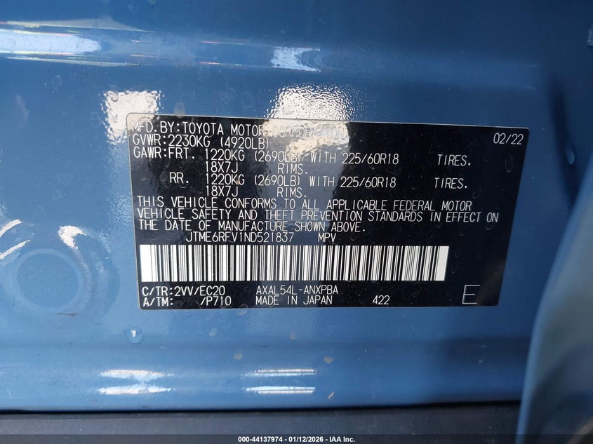 VIN JTME6RFV1ND521837 2022 TOYOTA RAV4 HYBRID XSE
