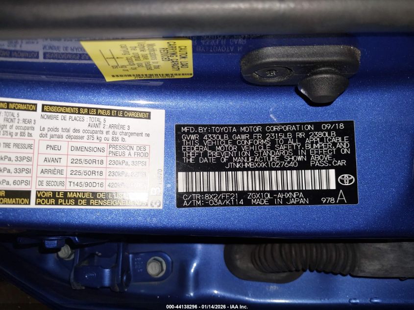 2019 Toyota C-Hr Xle VIN: JTNKHMBXXK1027640 Lot: 44138296