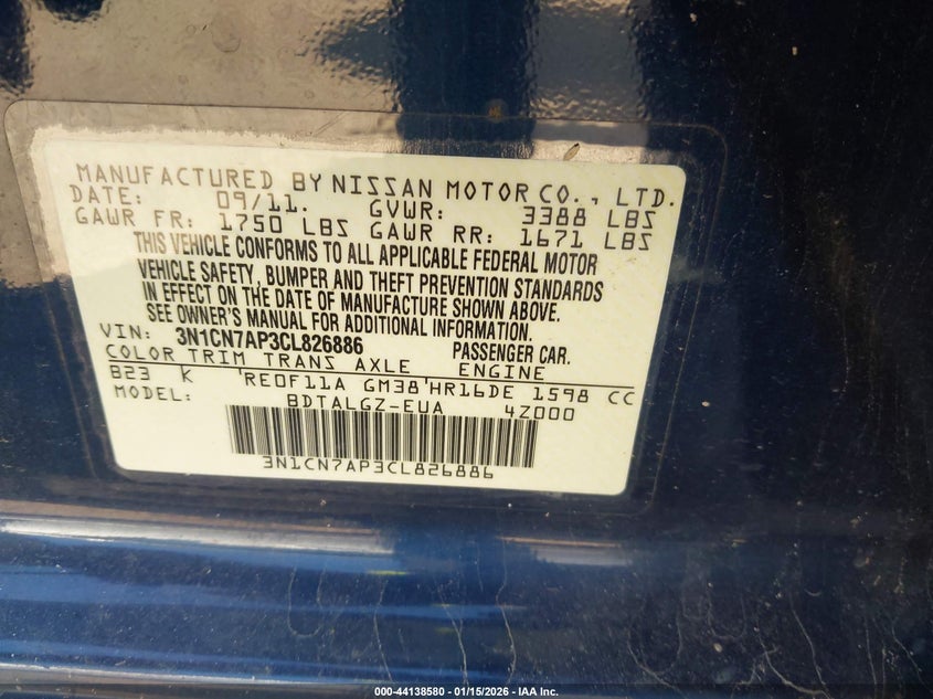 2012 Nissan Versa 1.6 1.6 Sl blue Lot 111044138580 Vin 3N1CN7AP3CL826886