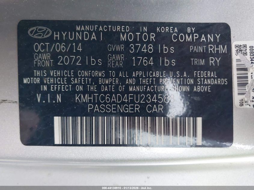 2015 Hyundai Veloster VIN: KMHTC6AD4FU234583 Lot: 44138910