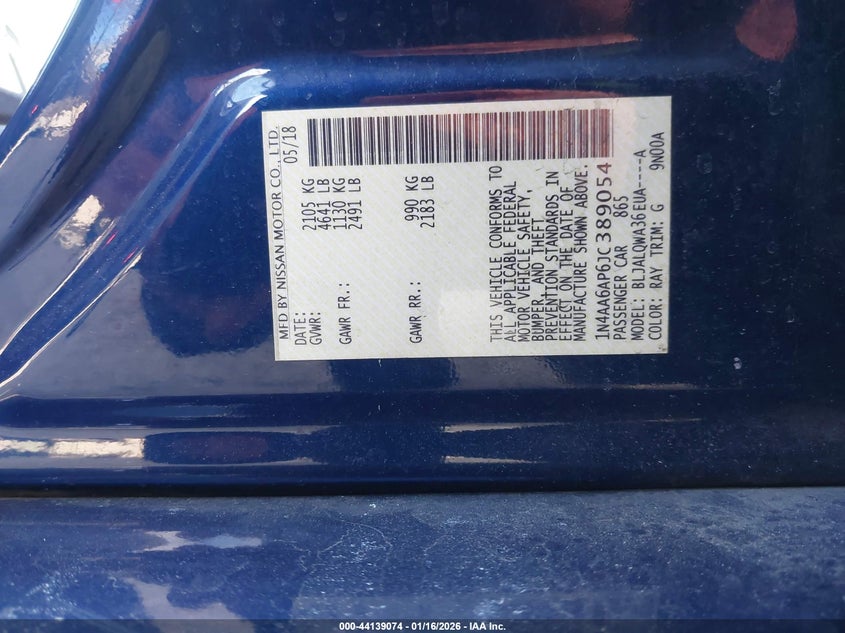 VIN 1N4AA6AP6JC389054 2018 NISSAN MAXIMA 3.5S/SV/SL/SR/PLAT