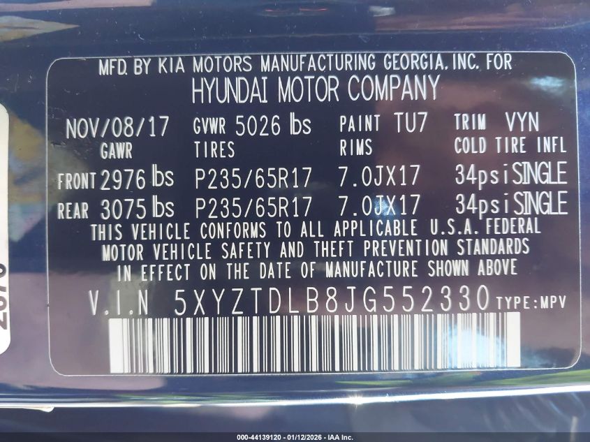 2018 Hyundai Santa Fe Sport 2.4L VIN: 5XYZTDLB8JG552330 Lot: 44139120