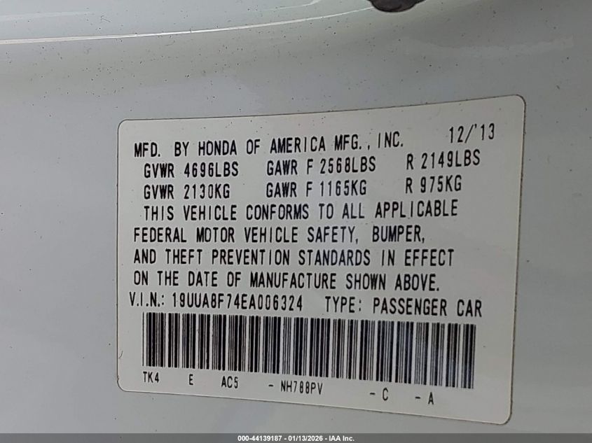 2014 Acura Tl 3.5 VIN: 19UUA8F74EA006324 Lot: 44139187