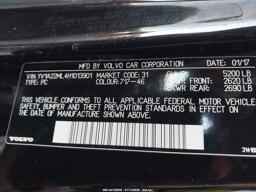 VIN YV1A22ML4H1013901 2017 VOLVO S90 T6 INSCRIPTION