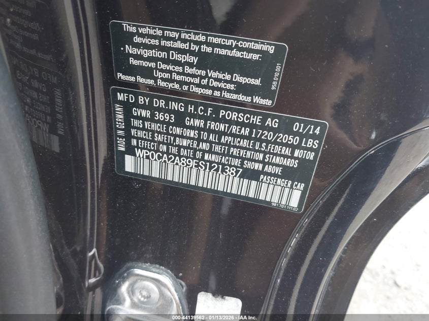 2014 Porsche Boxster VIN: WP0CA2A89ES121387 Lot: 44139562