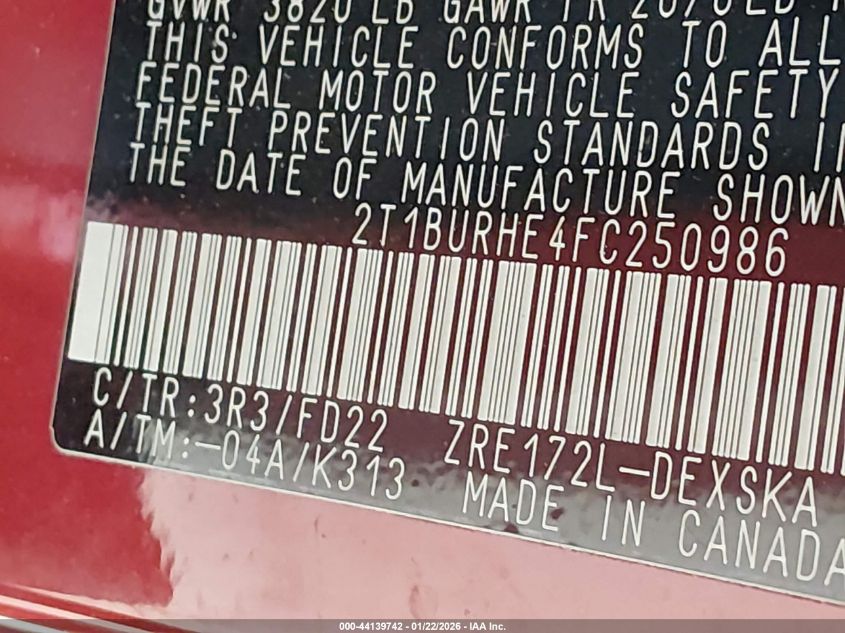 2015 Toyota Corolla S Plus VIN: 2T1BURHE4FC250986 Lot: 44139742