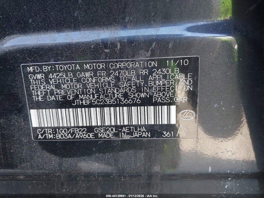 2011 Lexus Is 250 VIN: JTHBF5C23B5136676 Lot: 44139981