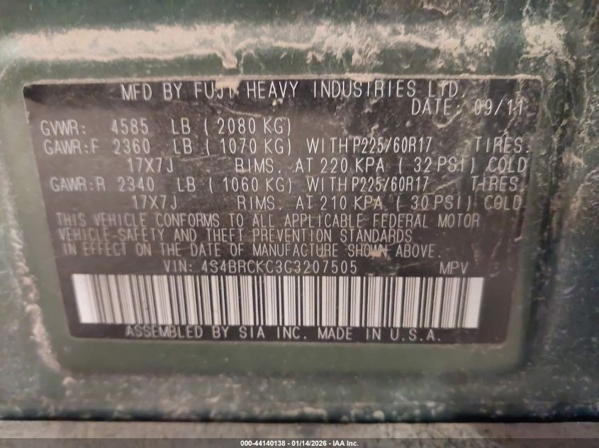 2012 Subaru Outback 2.5I Limited VIN: 4S4BRCKC3C3207505 Lot: 44140138