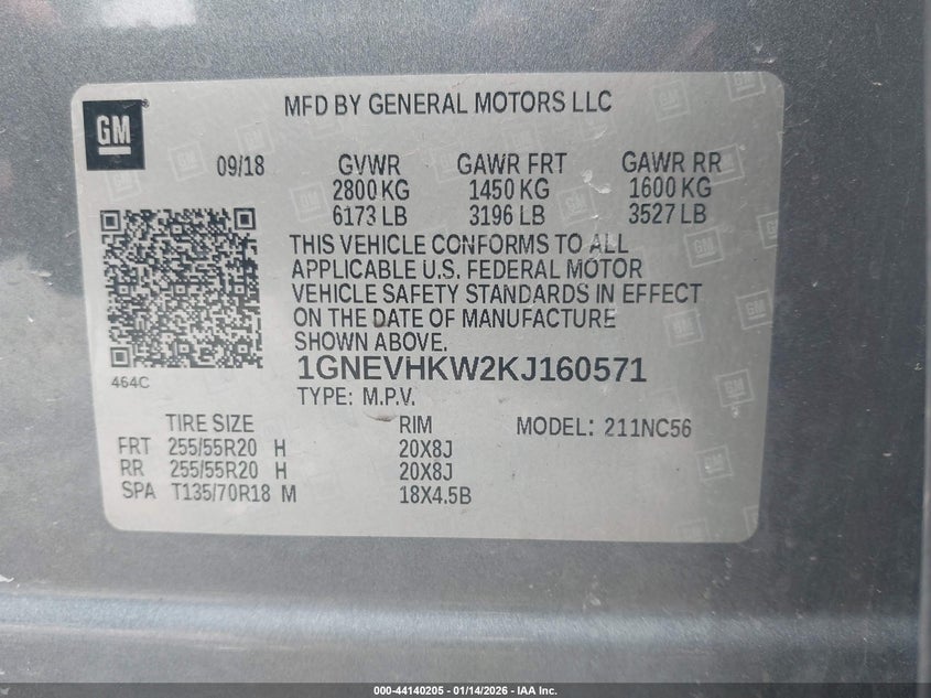 2019 Chevrolet Traverse 3Lt VIN: 1GNEVHKW2KJ160571 Lot: 44140205