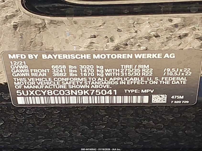2022 BMW X6 M50I VIN: 5UXCY8C03N9K75041 Lot: 44140542