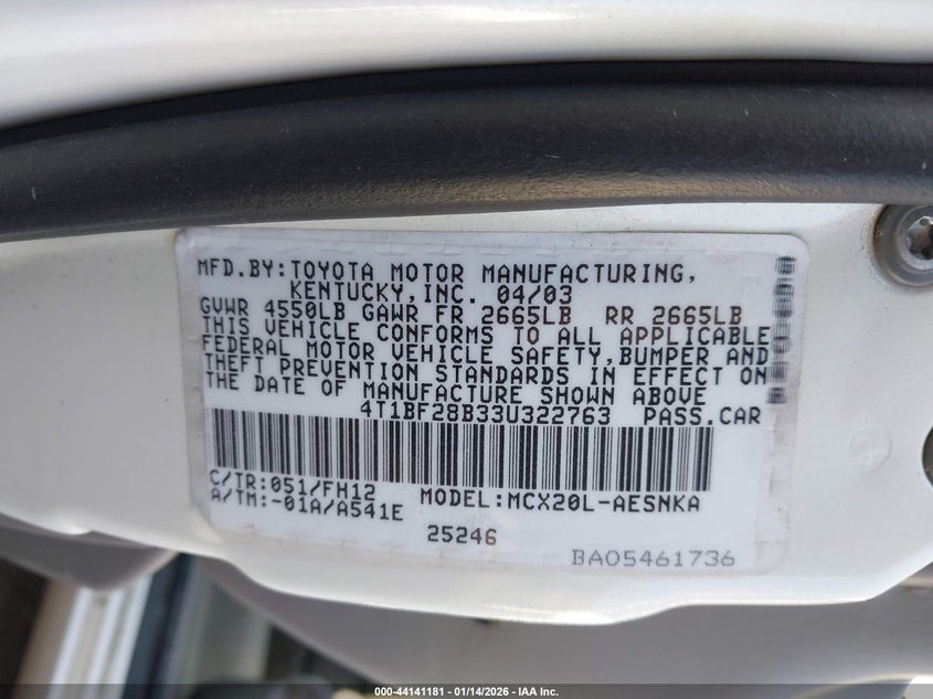2003 Toyota Avalon Xl VIN: 4T1BF28B33U322763 Lot: 44141181