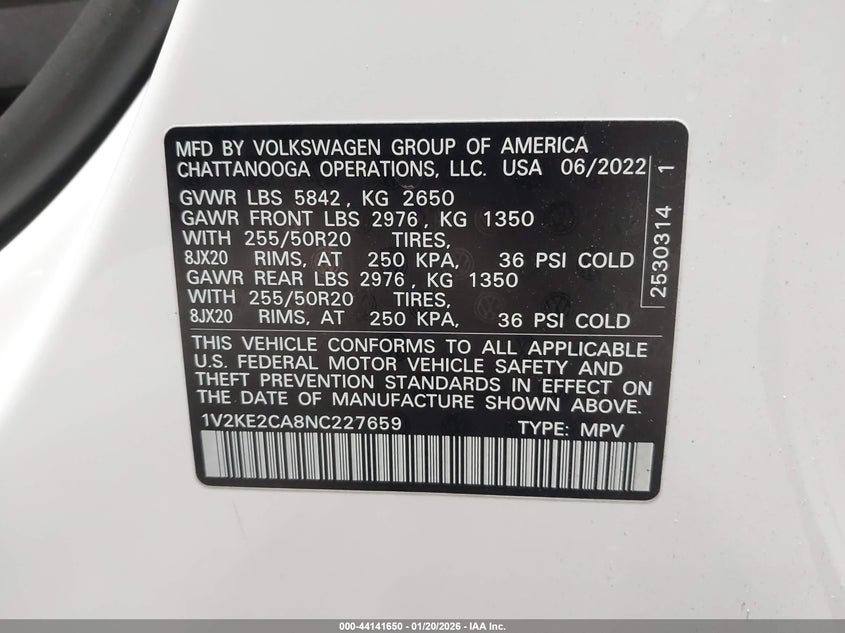 2022 Volkswagen Atlas Cross Sport 3.6L V6 Se W/Technology VIN: 1V2KE2CA8NC227659 Lot: 44141650