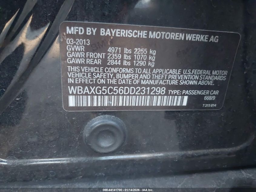 2013 BMW 528I VIN: WBAXG5C56DD231298 Lot: 44141700
