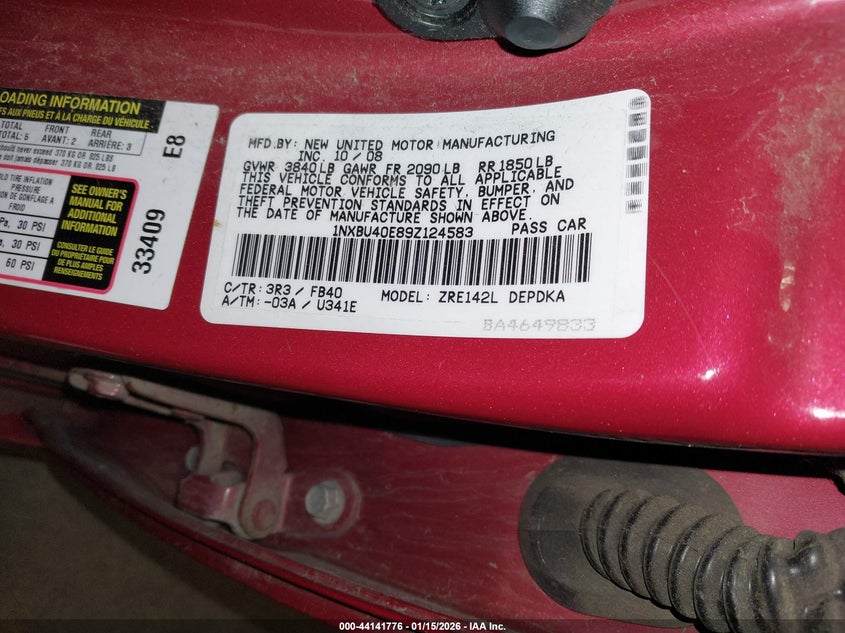 2009 Toyota Corolla Le VIN: 1NXBU40E89Z124583 Lot: 44141776